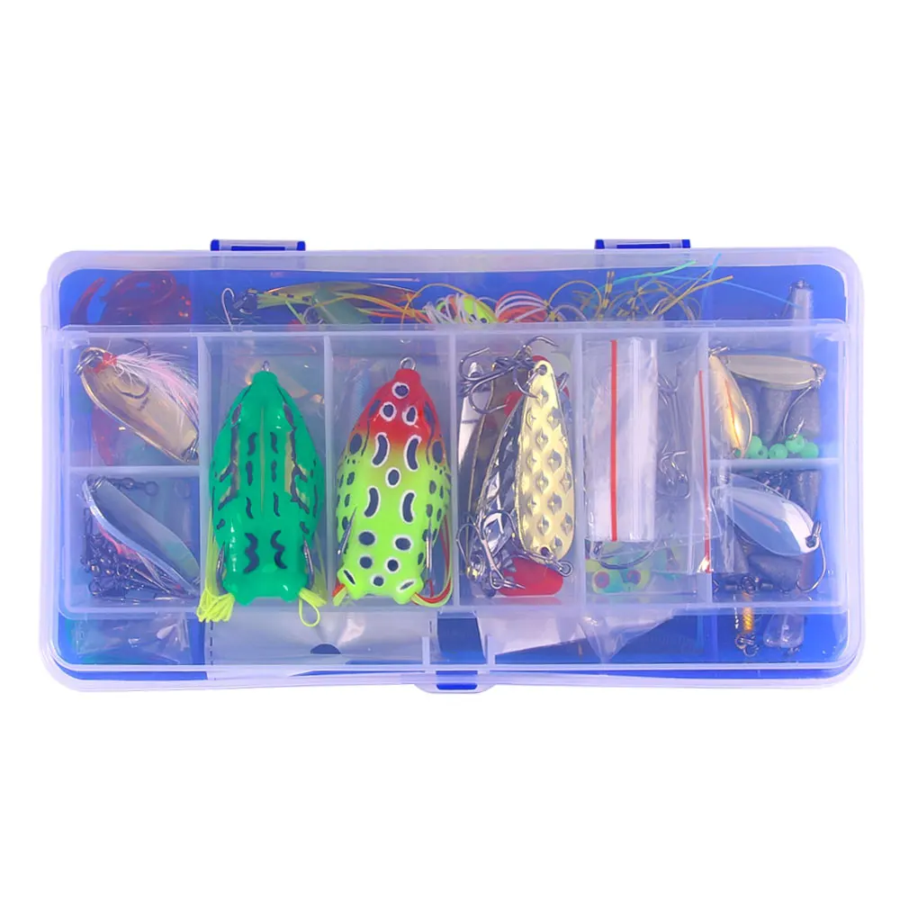 Juego de Señuelos de Pesca mixtos, 101 Uds., con caja de aparejos, Minnow Popper VIB, cuchara de Metal, cebo de gusano suave, anzuelos con cabeza de anzuelo, pesca de agua salada - imagen 2