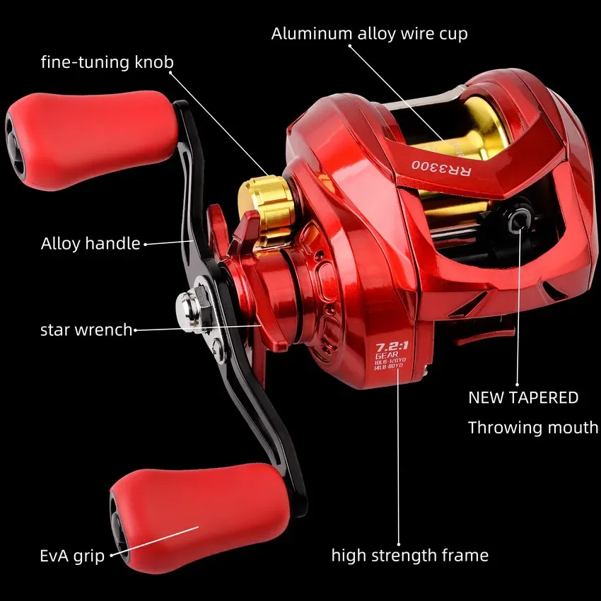 Carrete de pesca de fundición de cebo, bobina multiplicadora, relación de engranaje de alta velocidad 7,2: 1, carretes de Baitcasting de agua salada y Baitcaster - imagen 3