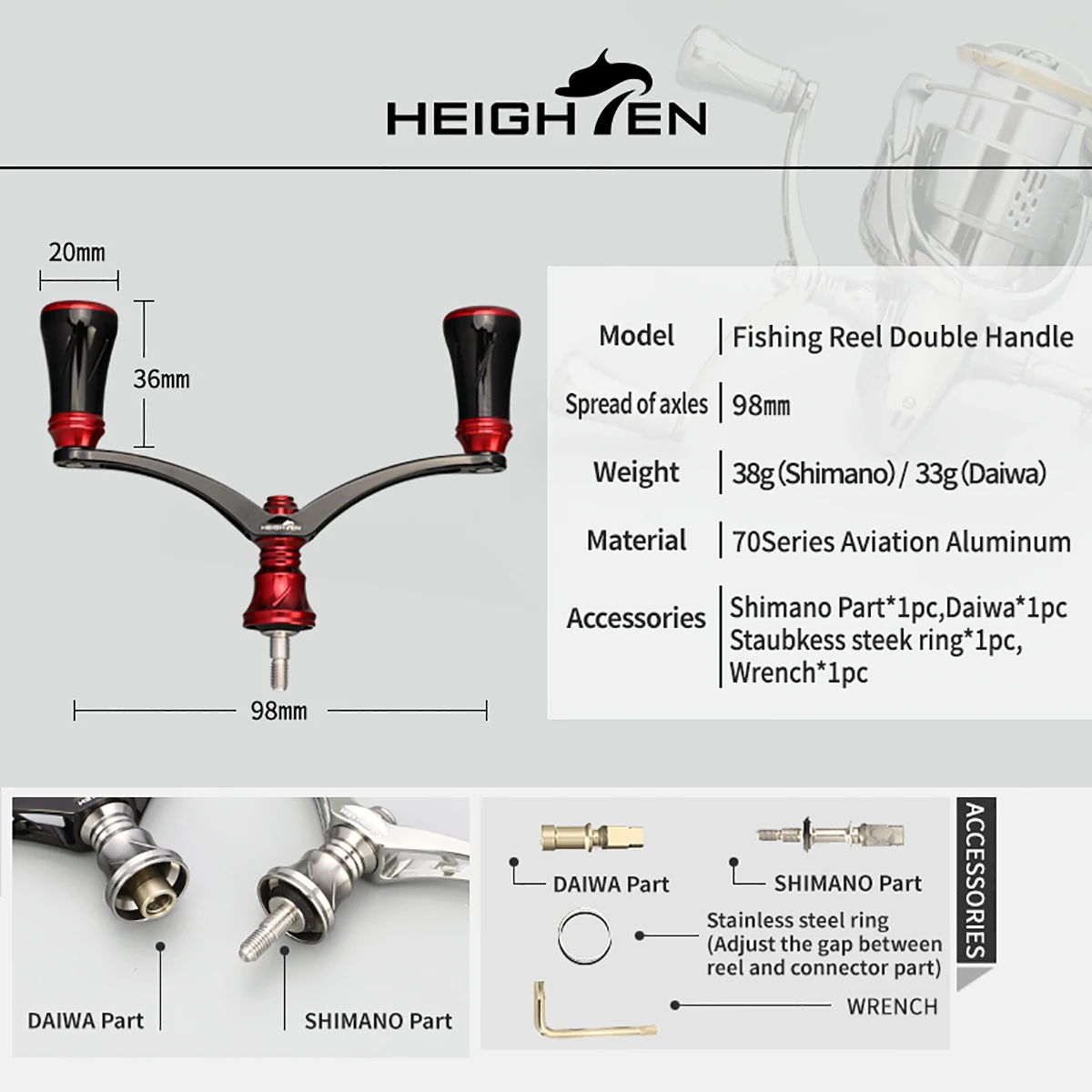 Aumentar los brazos basculantes dobles del carrete giratorio: espaciado entre ejes de 98 mm, perilla de 20 mm de diámetro |     Se adapta a piezas Mod de carrete Daiwa y Shimano - imagen 4