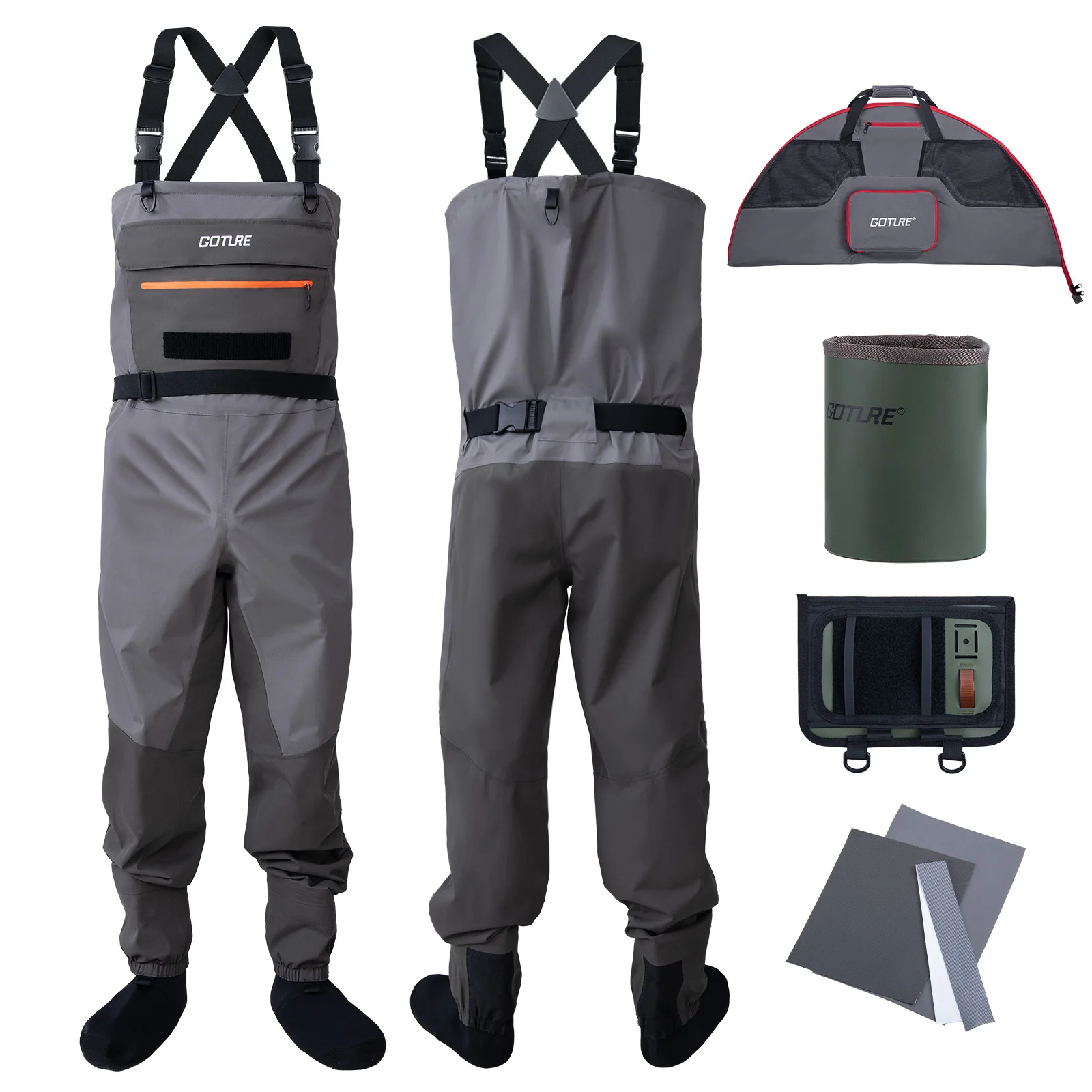 Goture Juego de botas de pescador con medias impermeables de 5 capas, botas de pesca con mosca transpirables para hombres y mujeres, múltiples bolsillos de almacenamiento, 5 tamaños