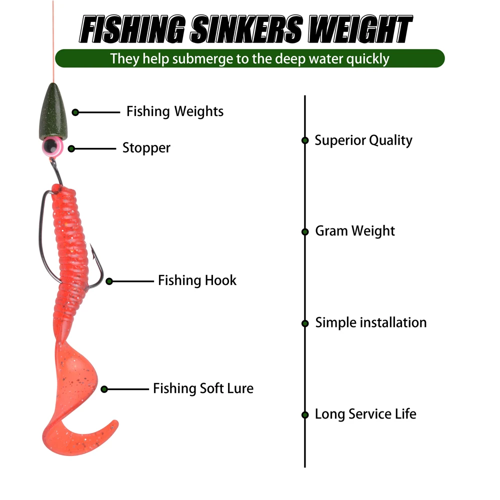 Kit de pesas de gusano para pesca, plomos de plomo, Bullet, accesorios de señuelo, Texas Rig Bass, 88 unids/lote por caja - imagen 5