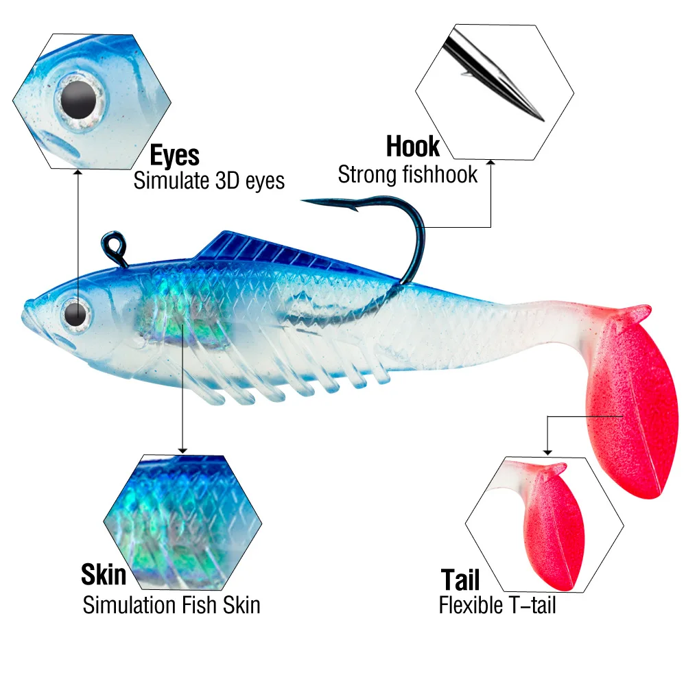 Señuelo de Pesca Jigging de 11g/19g, cebo suave con cola en T envuelto con pez de plomo, Swimbait Artificial falso para aparejos de Pesca de lubina - imagen 4