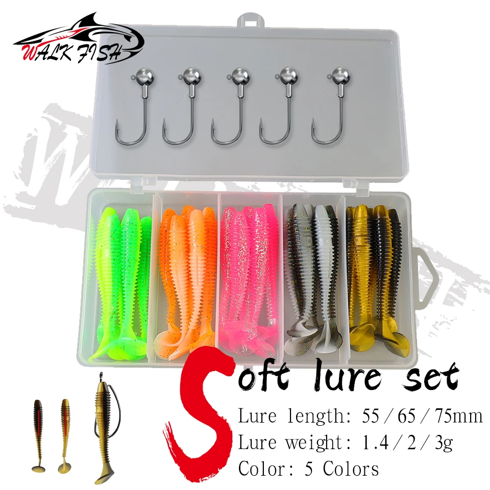 WALK FISH-Juego de Señuelos de Pesca blandos, cebo Artificial de 55/65/75MM, señuelo de gusano con anzuelos con cabeza de anzuelo, aparejos de pesca de lubina, 30 unids/caja