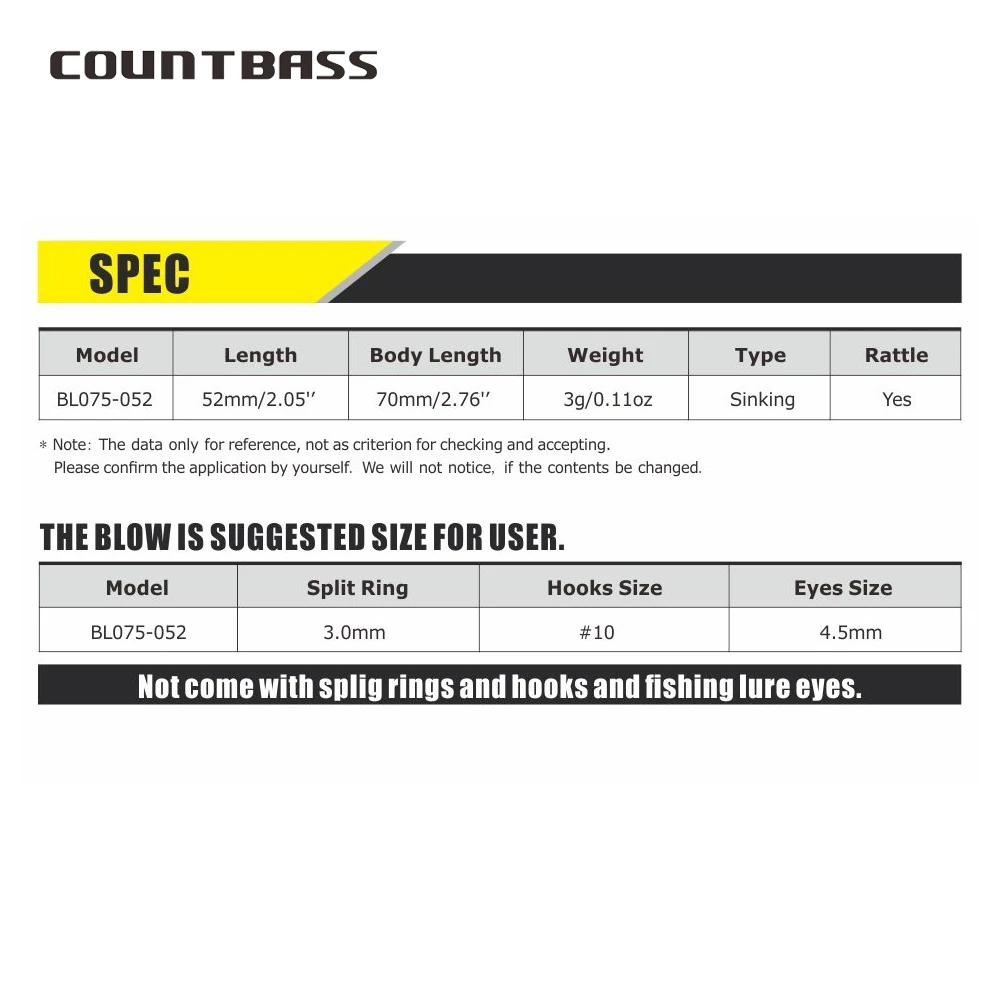 Countbass 10 cuerpos de señuelo en blanco, pececillo que se hunde 52 mm/2 "3 g/0,11 oz, cebo de pesca sin pintar, enchufe, sábalo, Wobblers