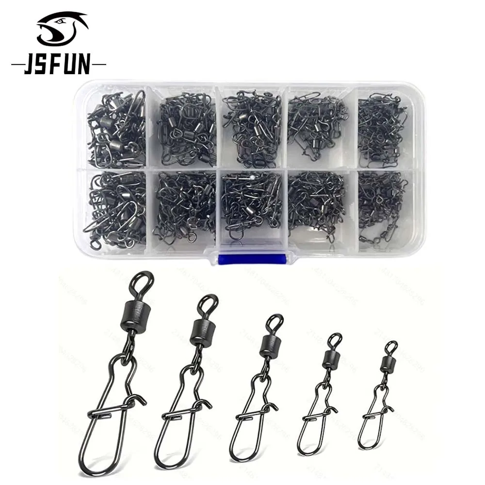 JSFUN 210 unids/caja barril rodante giratorio de acero inoxidable Snap señuelo conectores conector de pesca