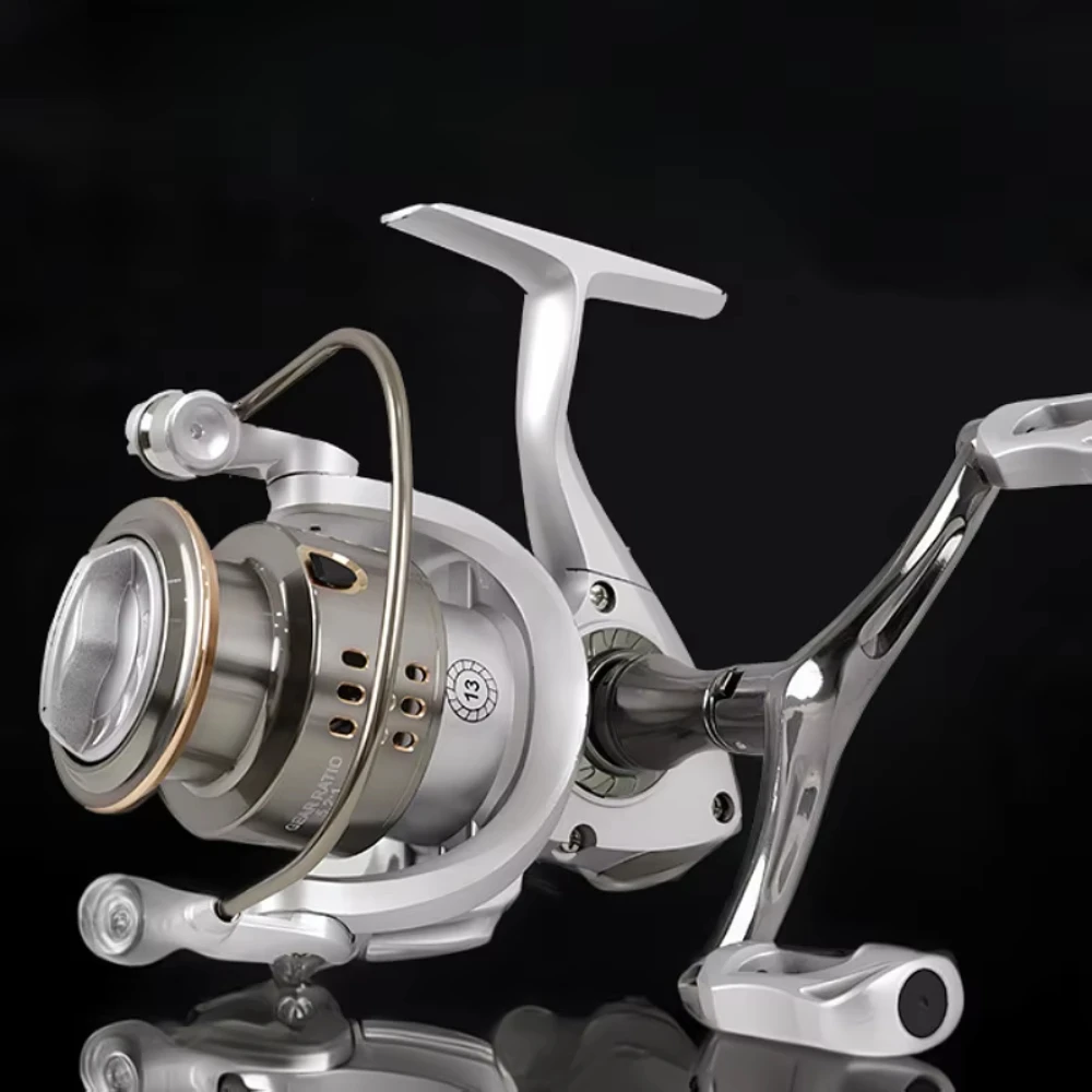 Carrete de pesca giratorio 5,2: 1 relación de engranaje 14LB arrastre máximo copa de alambre de Metal plegable CNC doble brazo para carrete de mosca de agua dulce y salada
