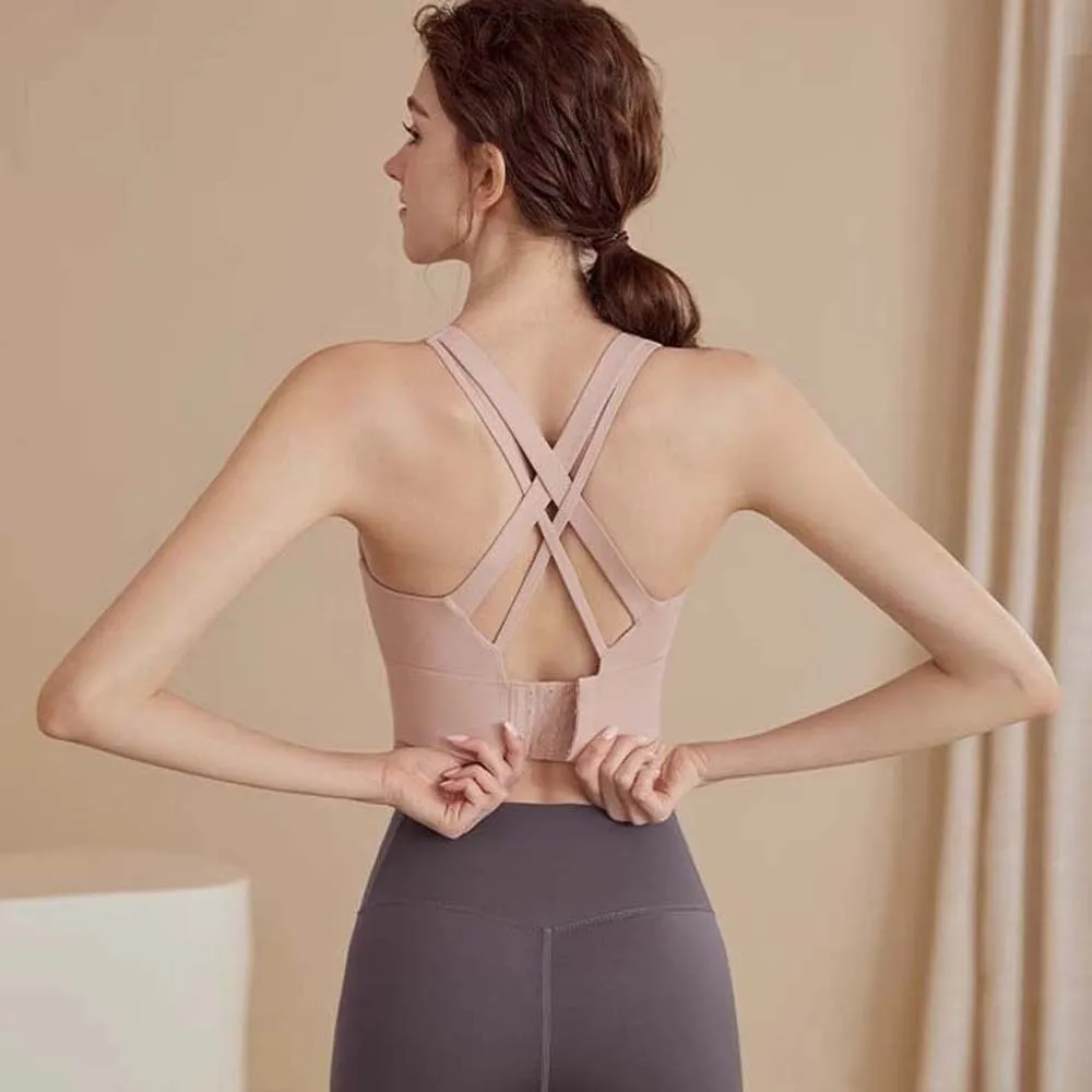 Sujetador deportivo de Color liso, color rosa, transpirable, cómodo, para Fitness, chaleco con pecho trasero, diseño antivibración que absorbe la humedad - imagen 5