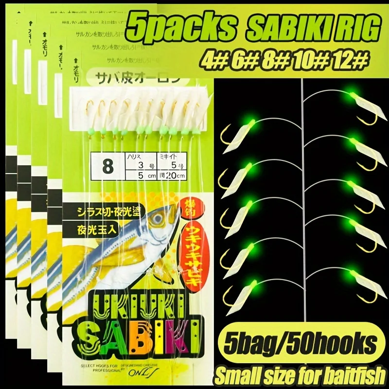 TAKBAS 5 Packs Sabiki Fishing Rigs, 30/50pcs Stainless Steel & Nylon Hooks, Luminous Skin Lure for Mackerel, Cod, Herring, Bass - Ideal for Night Fishing, Perfect Gift for Anglers on Father'S Day, Grandparents Day,