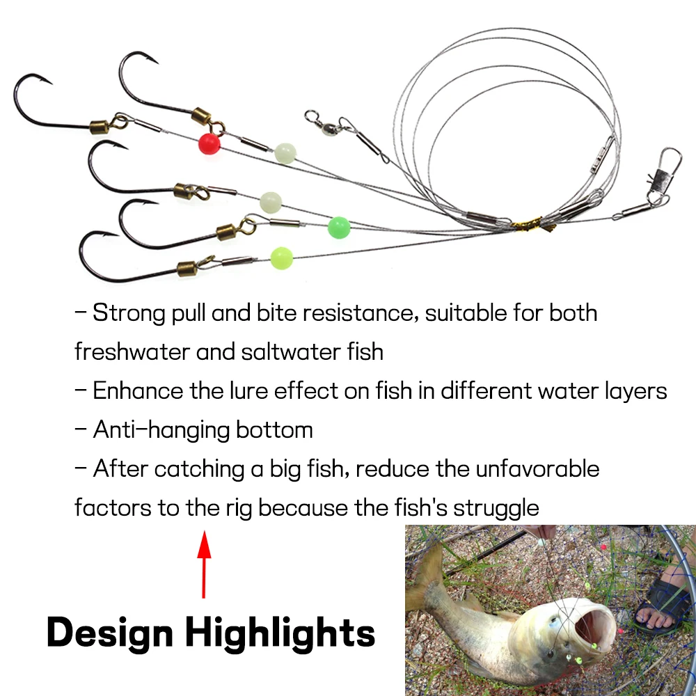 Elllv-aparejo de alambre inoxidable para pesca en agua salada, antienredos Sabiki con 5 ganchos giratorios de piezas, 2 paquetes por lote, #8 - #24 - imagen 5