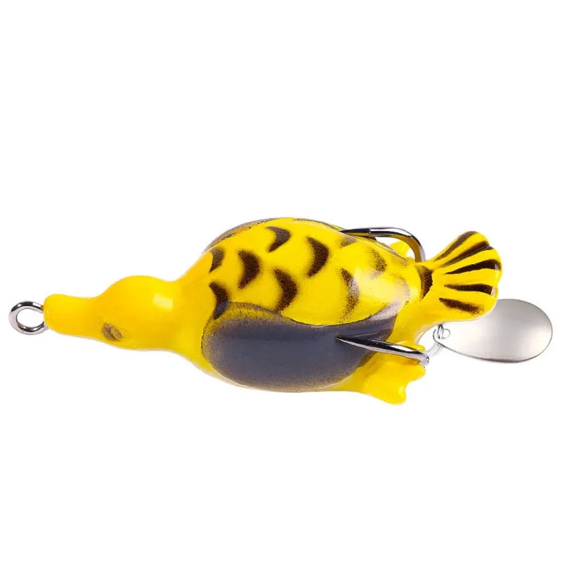 Un vibrante señuelo de pesca amarilla diseñado para atraer peces con su apariencia realista de pájaros