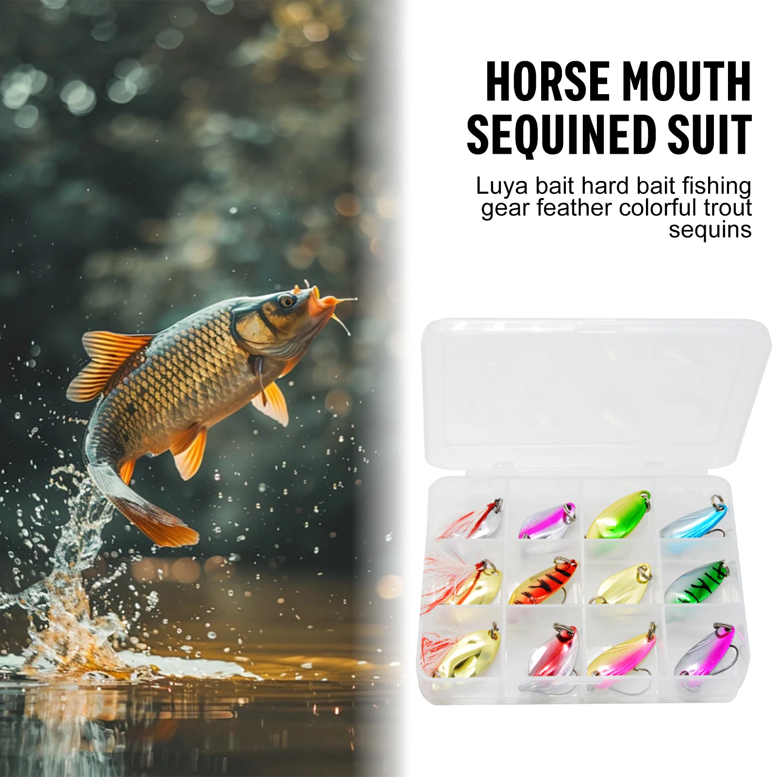 Señuelos de pesca en caja, cebo falso giratorio portátil, pluma Artificial, purpurina, accesorios de pesca en hielo para invierno, 12 Uds.