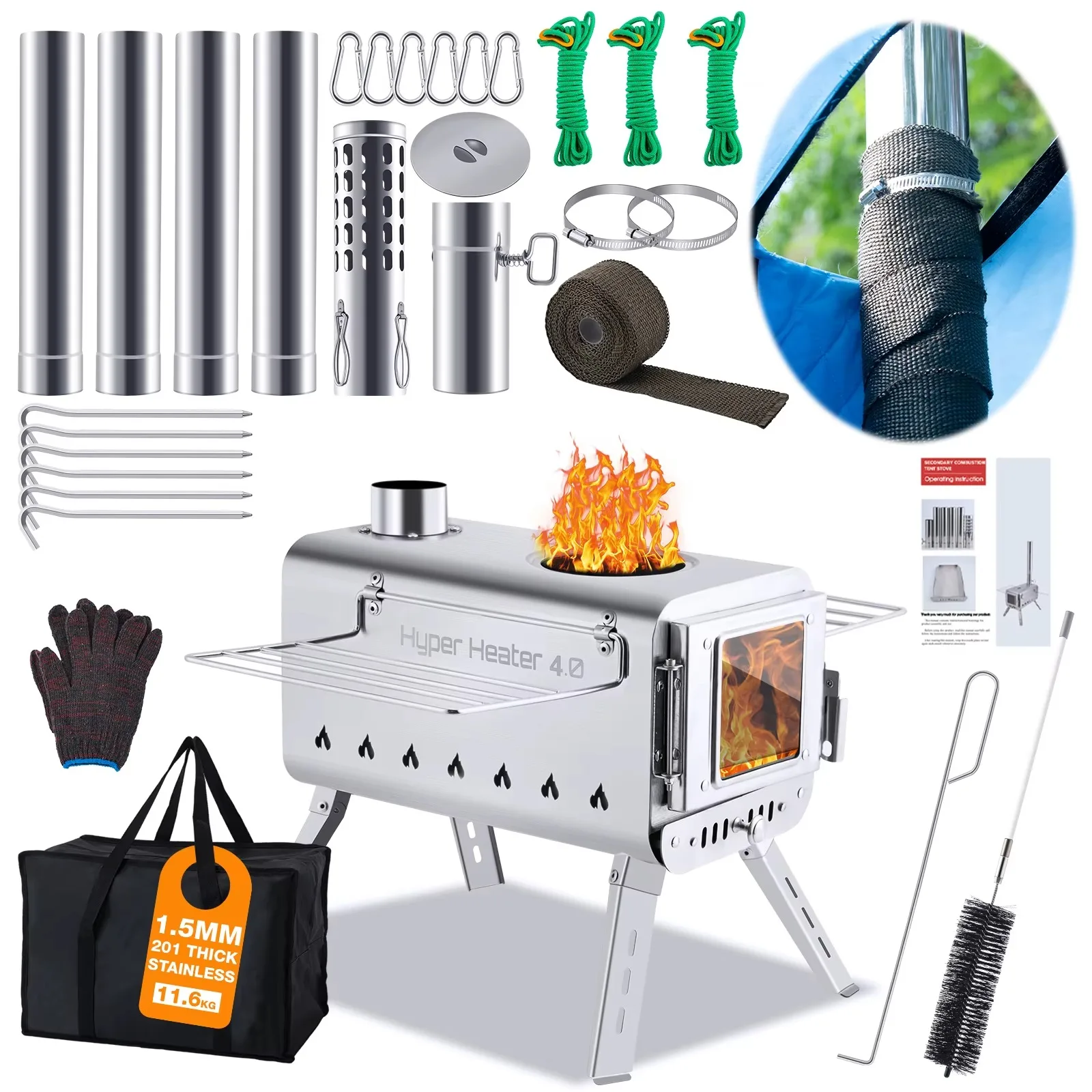 CHANCE MOORE 201 Estufa de tienda de campaña de acero inoxidable Accesorios completos Quemadura eficiente de seguridad con quemadura secundaria para picnic Camping - imagen 2