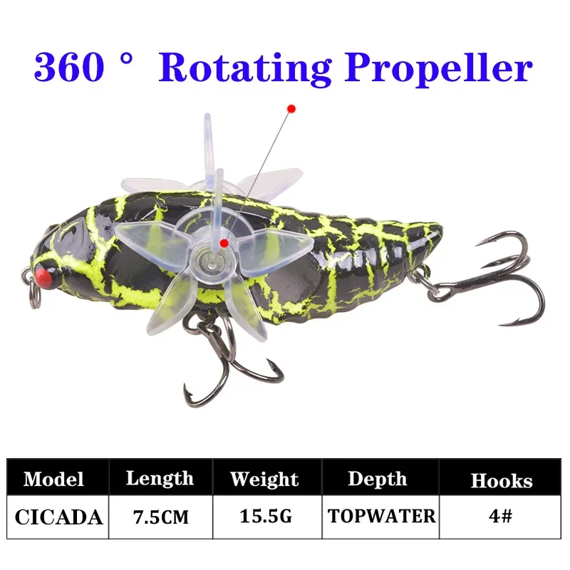 1Pc Topwater Cicade Vorm Vissen Lokken 7.5 Cm/15.5G Crankbait Kunstaas Harde Zachte Roterende Dubbele vleugels Visgerei - imagen 2