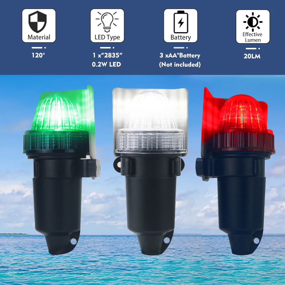 Juego de luces LED de estribor y popa para barco, navegación con batería, Puerto poco profundo, flotante e impermeable, batería AA, 3 piezas - imagen 3
