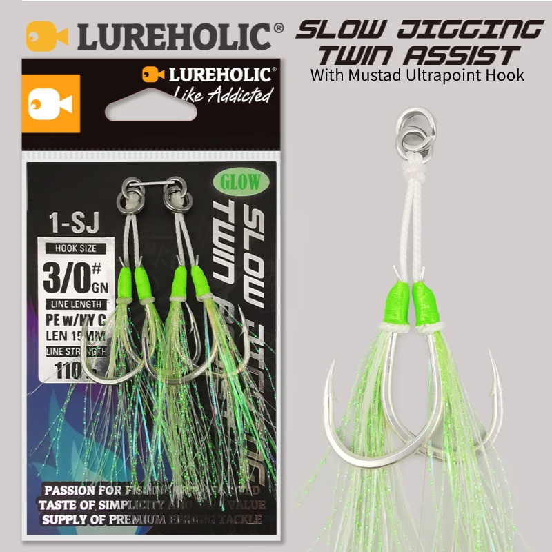Mustad 1-SJ Jigging Lento Twin Assist – Anzuelos Brillantes Marina