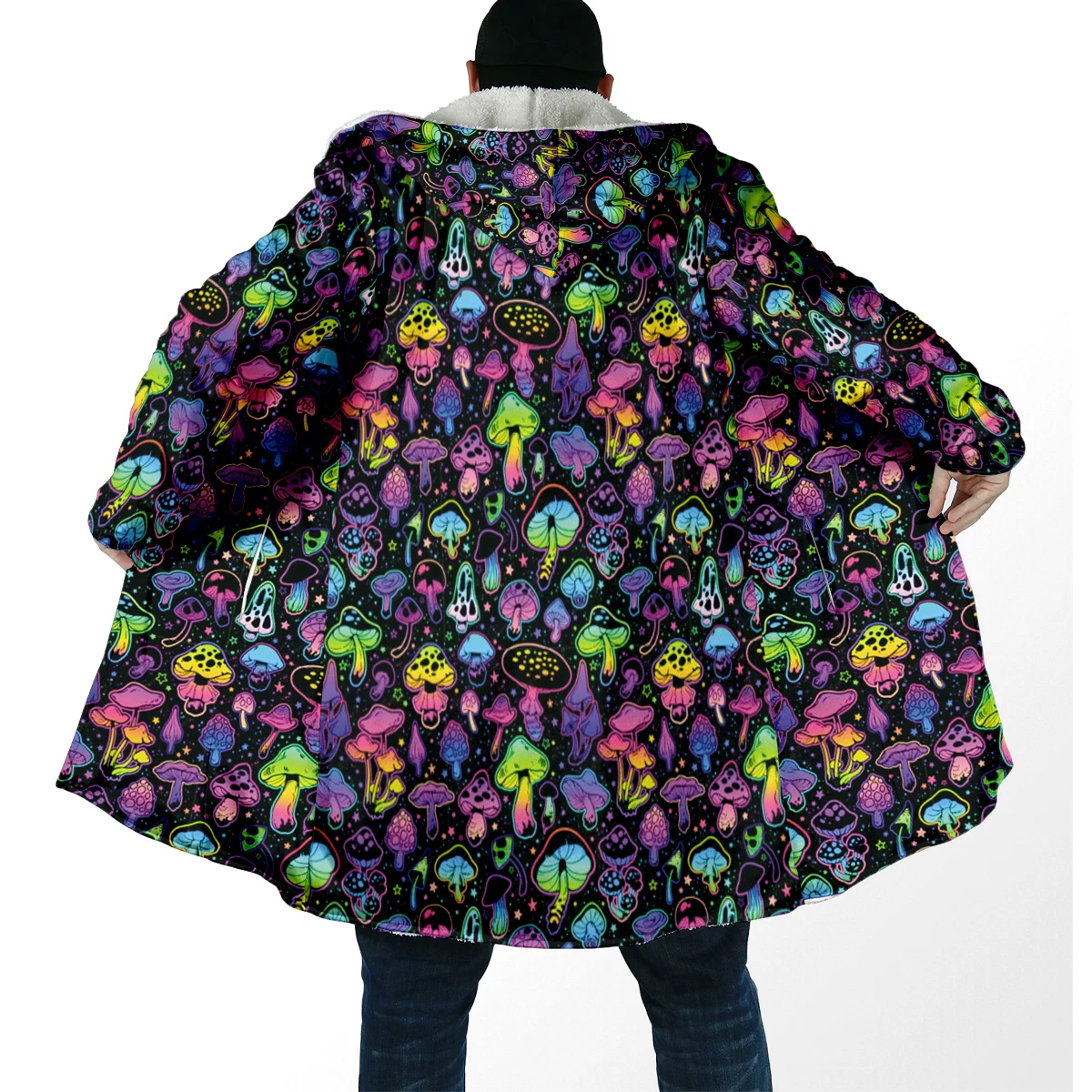 2025 capa de moda de invierno para hombre, capa con capucha de lana gruesa con estampado 3D de setas, capa cálida informal Unisex DP95 - imagen 3