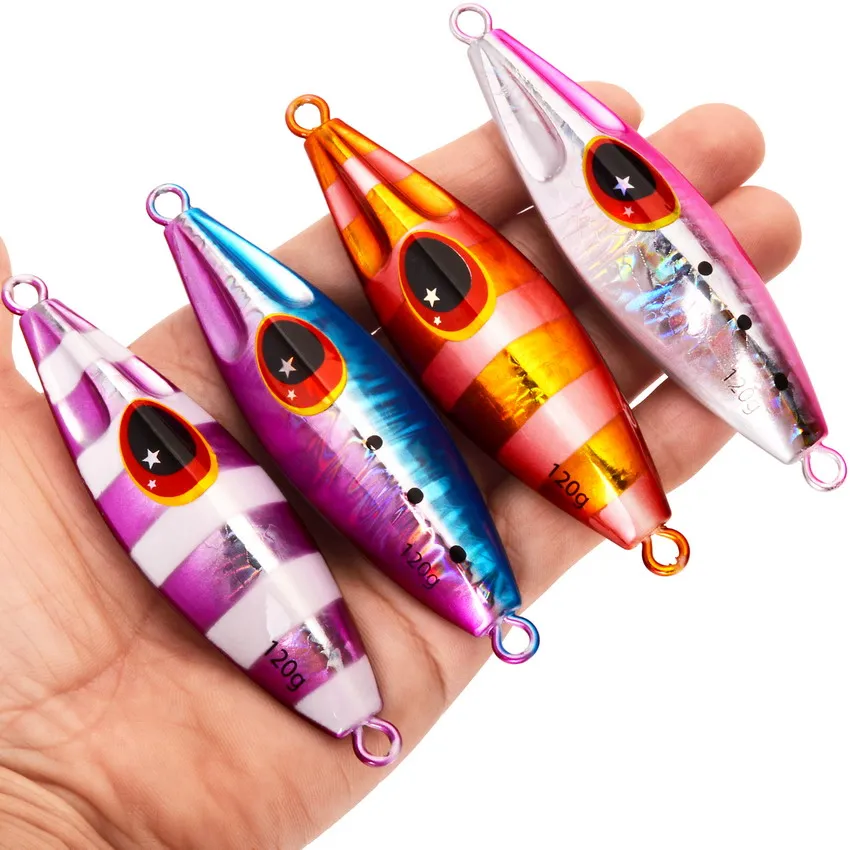 8 unids/lote plantilla de Metal señuelo de pesca pesas 30g-120g plantillas de pesca señuelos de agua salada lubina Isca Artificial pez falso brillo holográfico - imagen 5