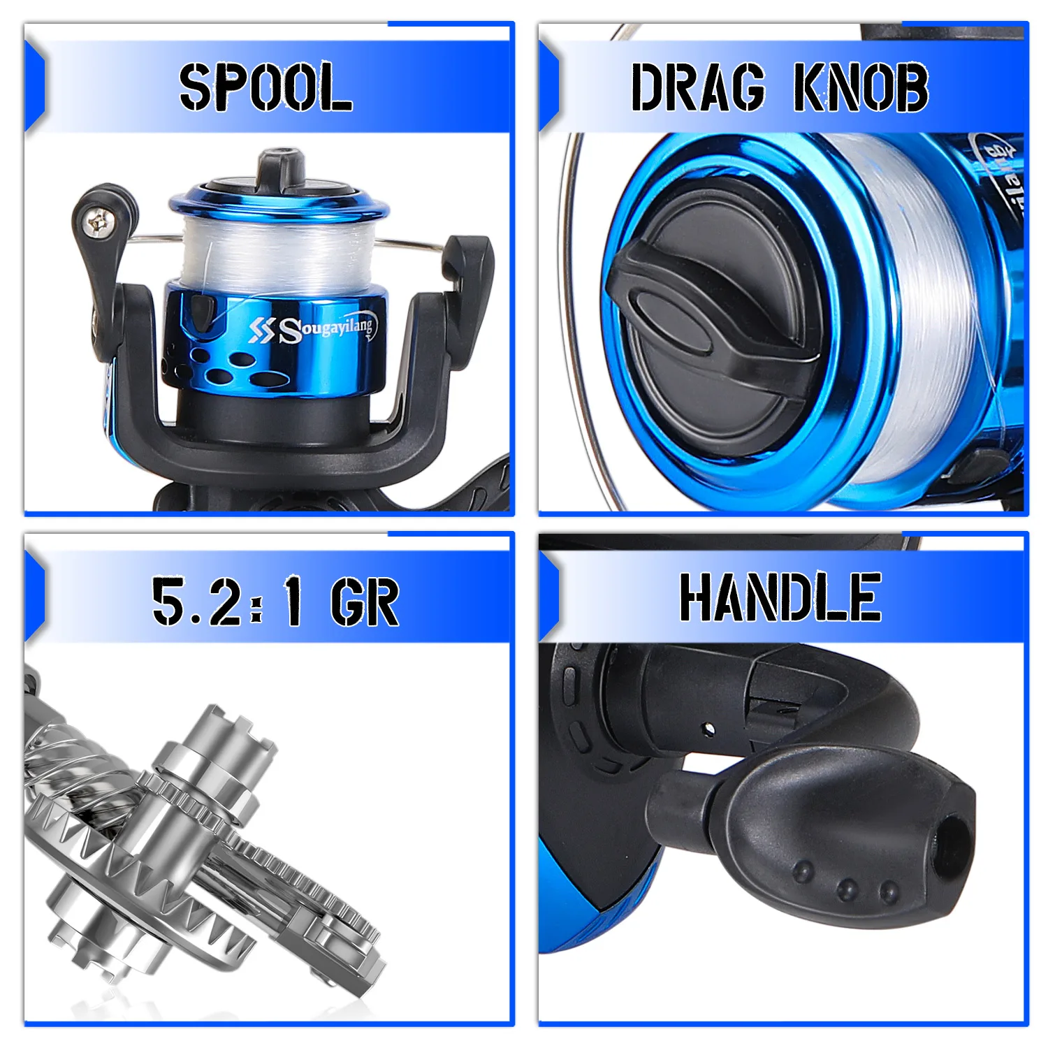 Sougayilang-caña de pescar en hielo, Combo de carrete giratorio de fibra de carbono, Ratio de engranaje de velocidad 5,2: 1, arrastre máximo de 8Kg, 66/71cm - imagen 5