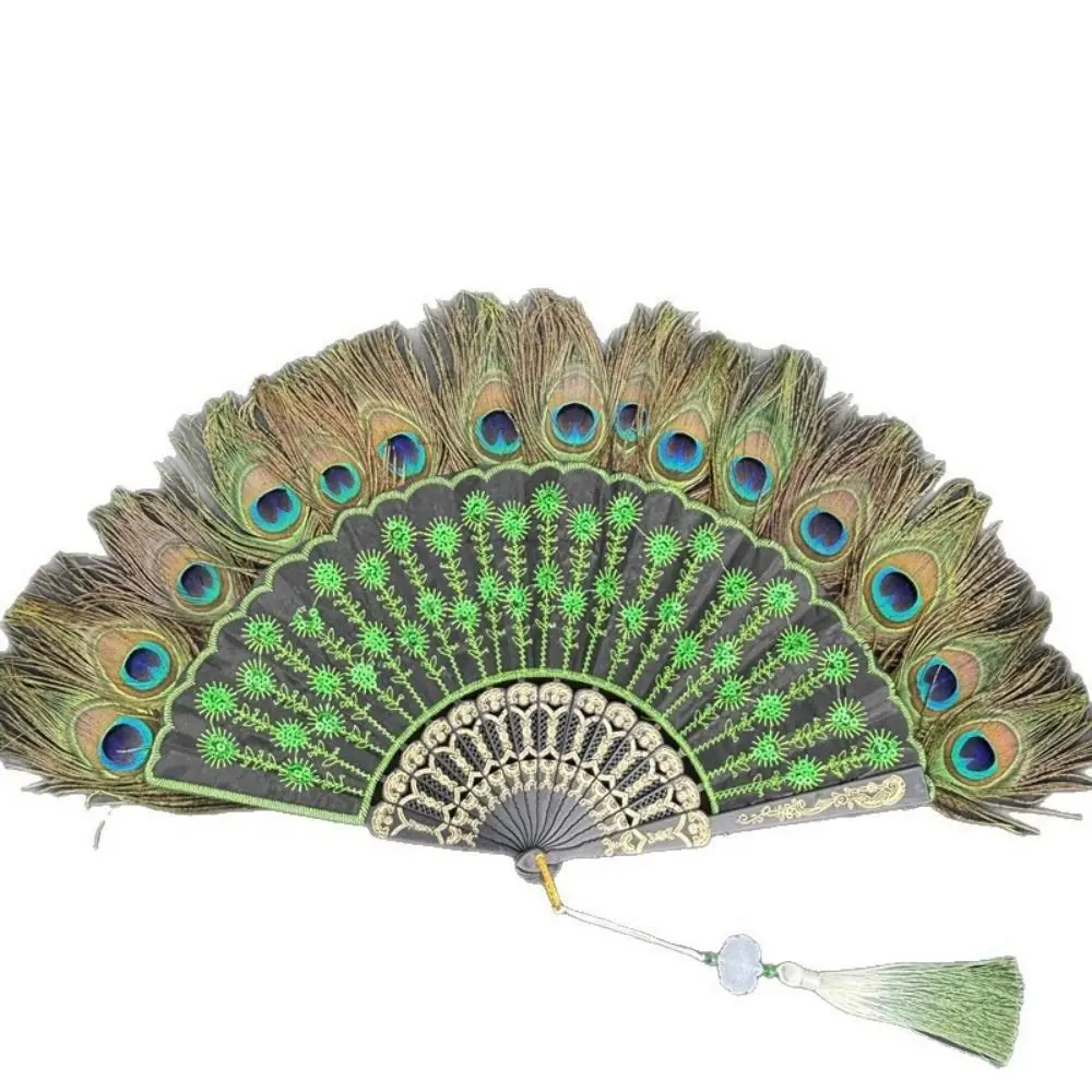 Abanico Plegable de Encaje con Mango Negro, Bordado con Lentejuelas, Longitud: Aproximadamente 35 cm, Abanico para Espectáculo de Cheongsam, 65 cm con Colgante - imagen 3