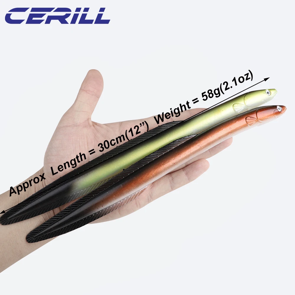 Ceril-señuelo de pesca suave, Anguila Artificial, Swimbait de silicona, carpa, Jigging, Lucio, aparejos de pesca, 30cm, 58g, 2 piezas - imagen 3