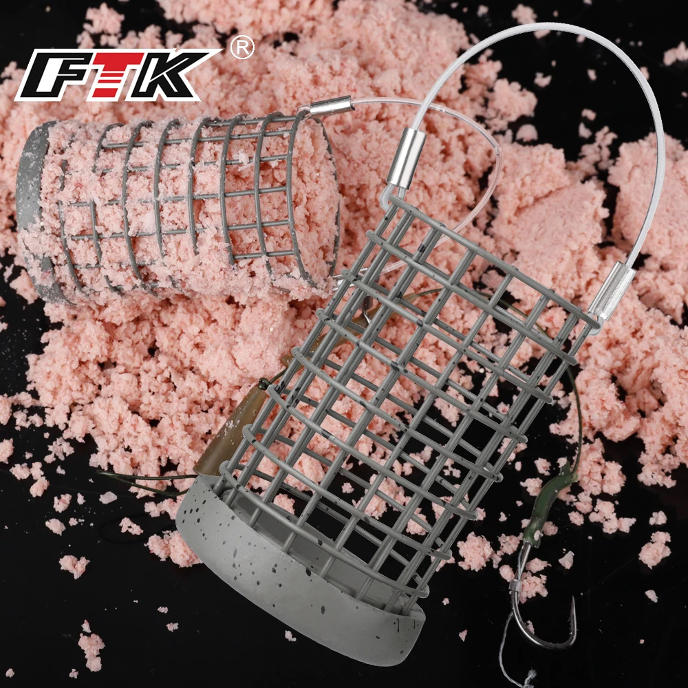 FTK-jaula de cebo de Metal estilo europeo lituania, 30g-60g, accesorios de pesca, alimentador de pájaros cilíndrico de Metal, pesca