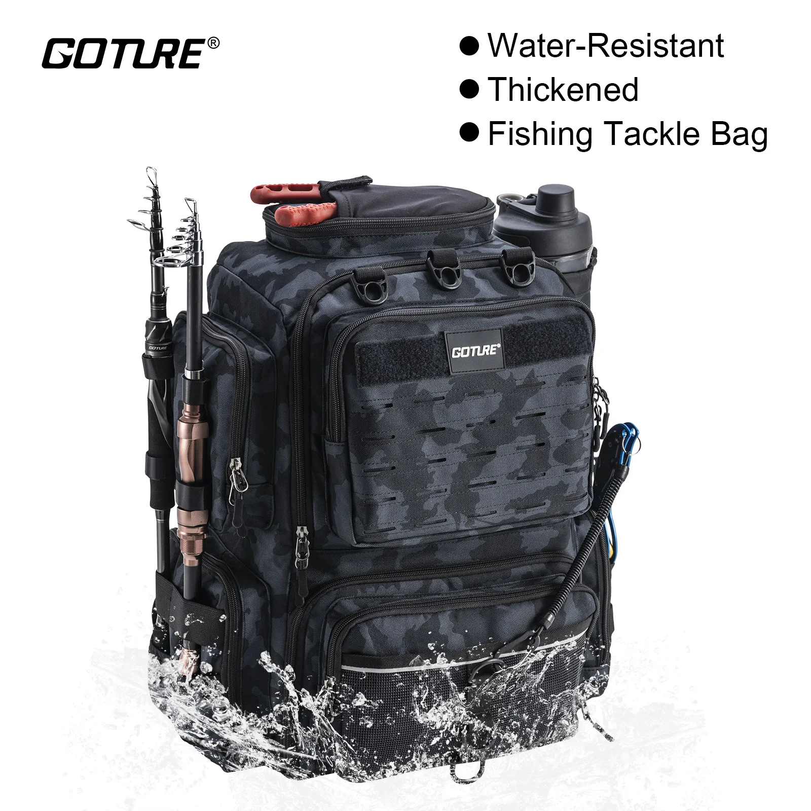 Goture Mochila de pesca impermeable con portacañas y compartimentos