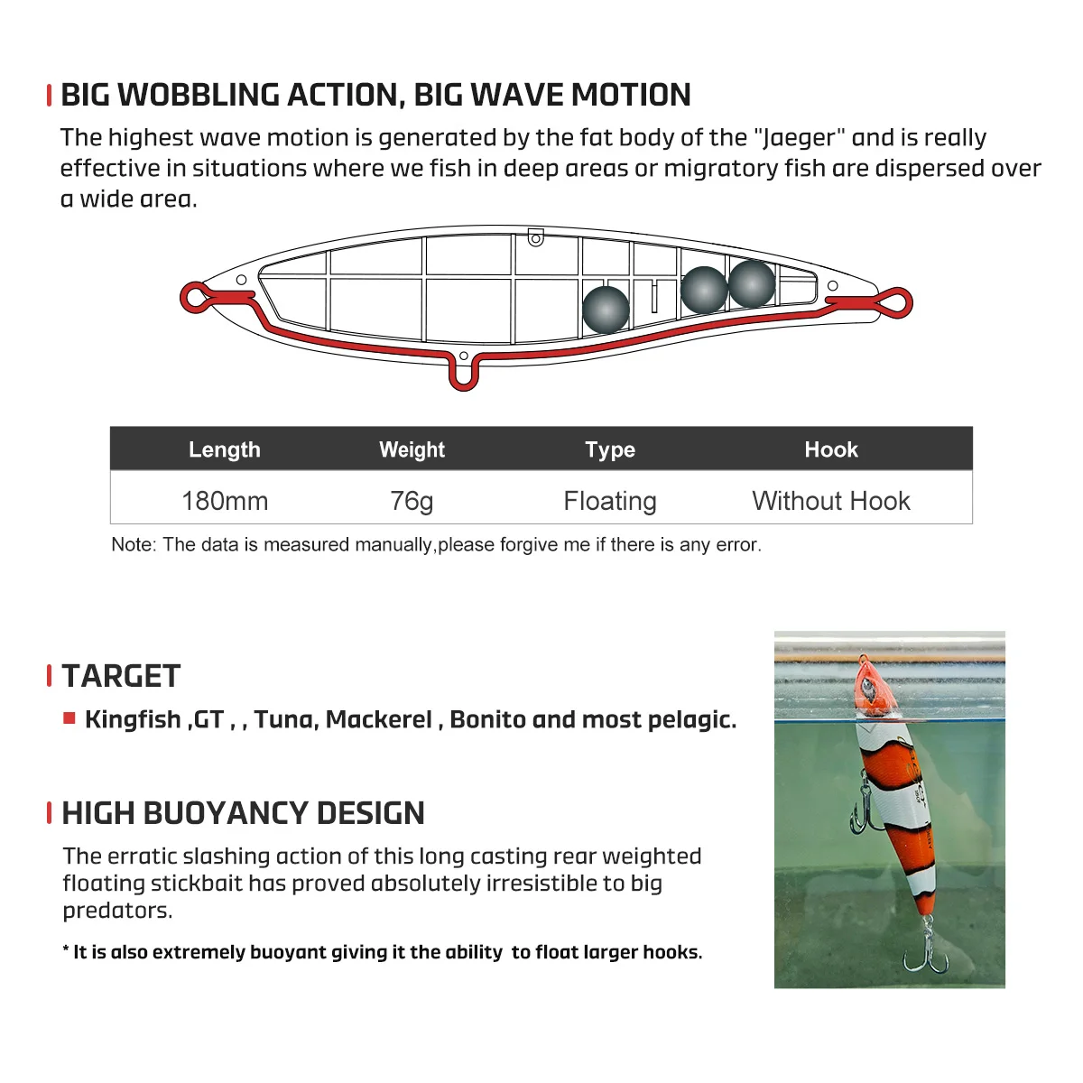 Señuelo de pesca NOEBY Jaeger Stickbait 180mm 76g lápiz flotante cebo duro Artificial agua salada juego grande atún GT Señuelos de pesca - imagen 3