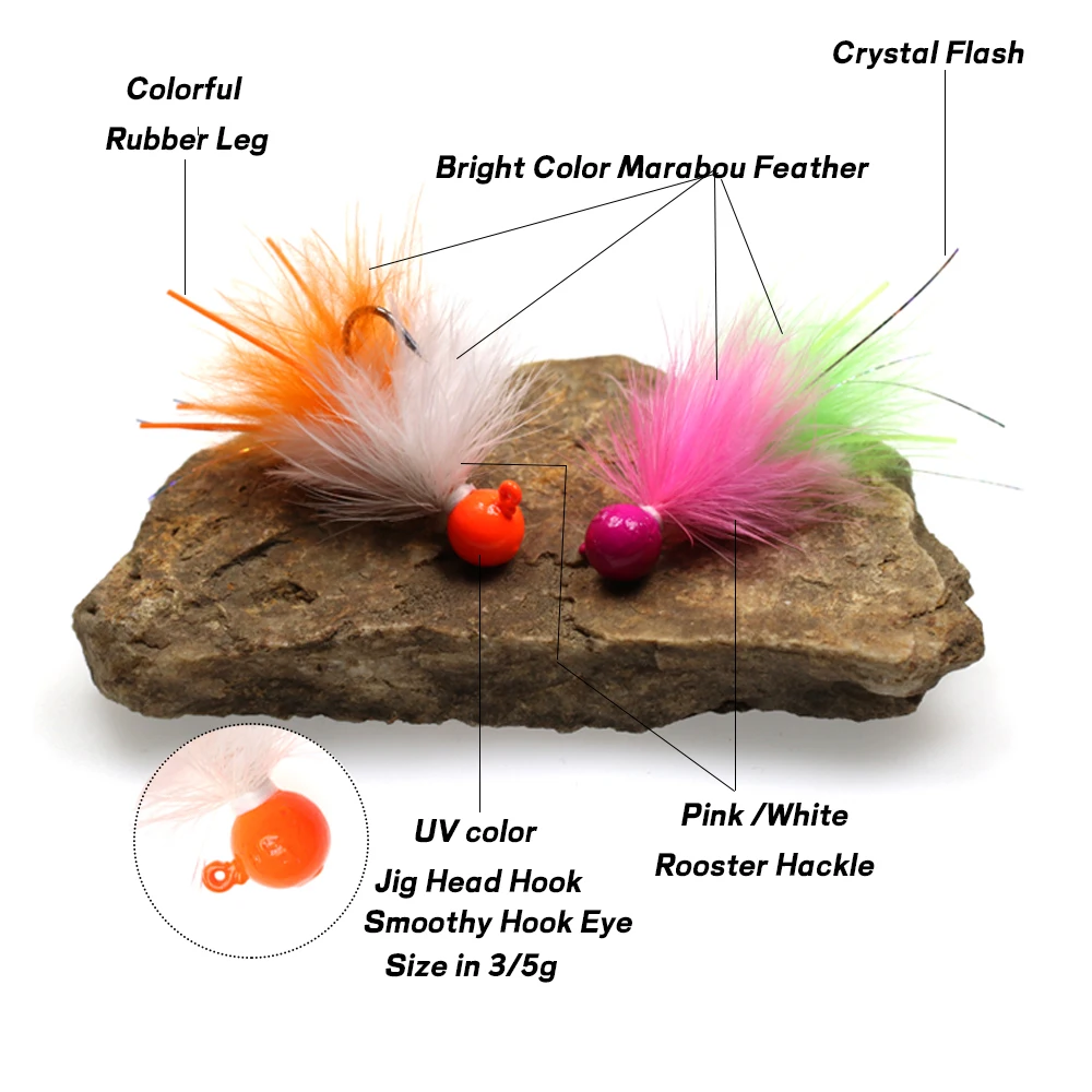 WIFREO 4pcs Weighted Metal Jig Hook Bugger Bait Mini Marabou Crappie Jig Pan Fish Ice Jig Fly Winter Ice Fishing Lure Fast Sink - imagen 5