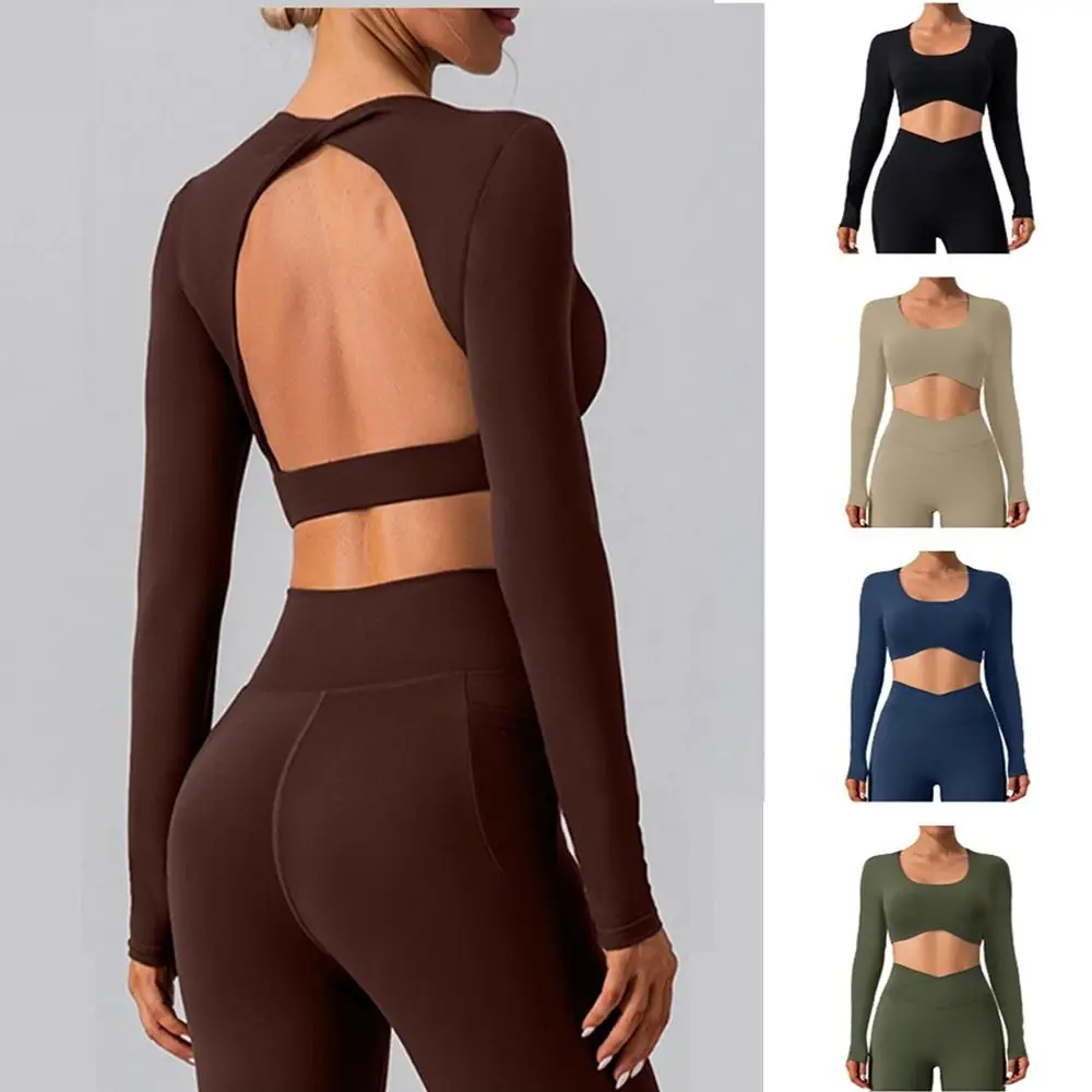 Ropa deportiva de Yoga con espalda abierta para mujer, Top de entrenamiento acanalado sin costuras de manga larga, diseño contraído, ropa de gimnasio y Yoga de cintura alta, tren - imagen 5