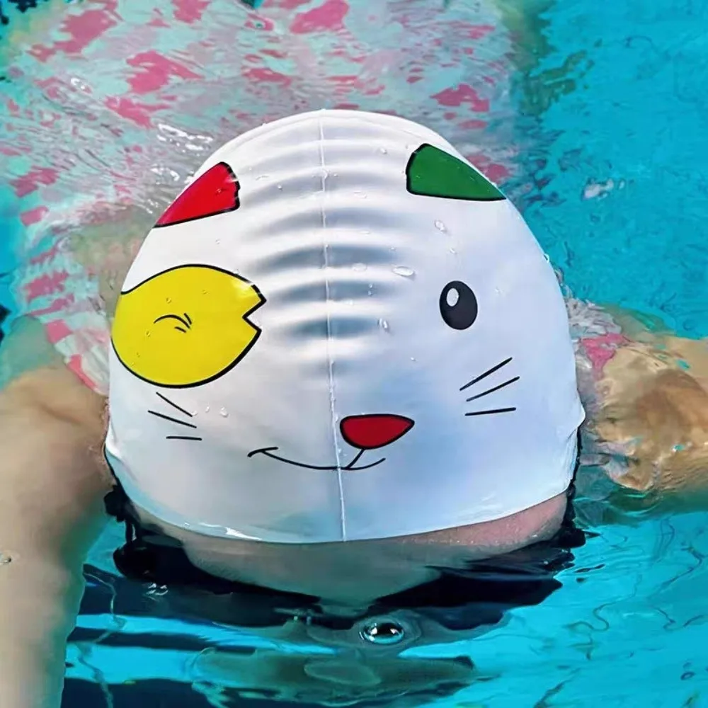 Nuevo gorro de natación elástico, gorro de natación de silicona agrandado con dibujos animados, cómodo, profesional, protección para los oídos, gorro de natación seguro - imagen 4