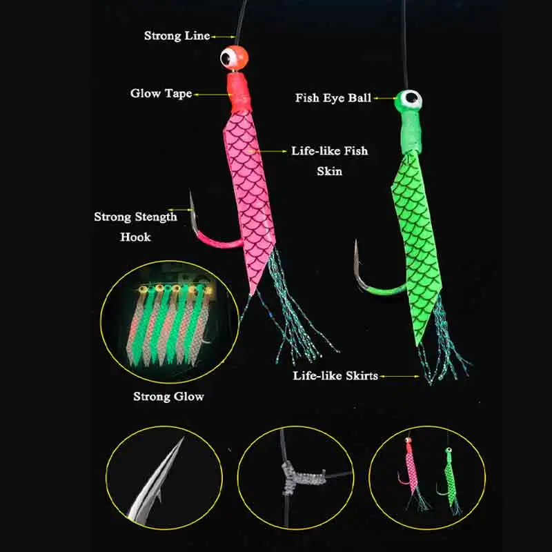 6/9 anzuelos Sabiki Rigs Señuelos de pesca de agua salada aparejos de cebo piel de pescado Real gancho de cuerda caballa que brilla en la oscuridad Flash Sabiki Rigs - imagen 3