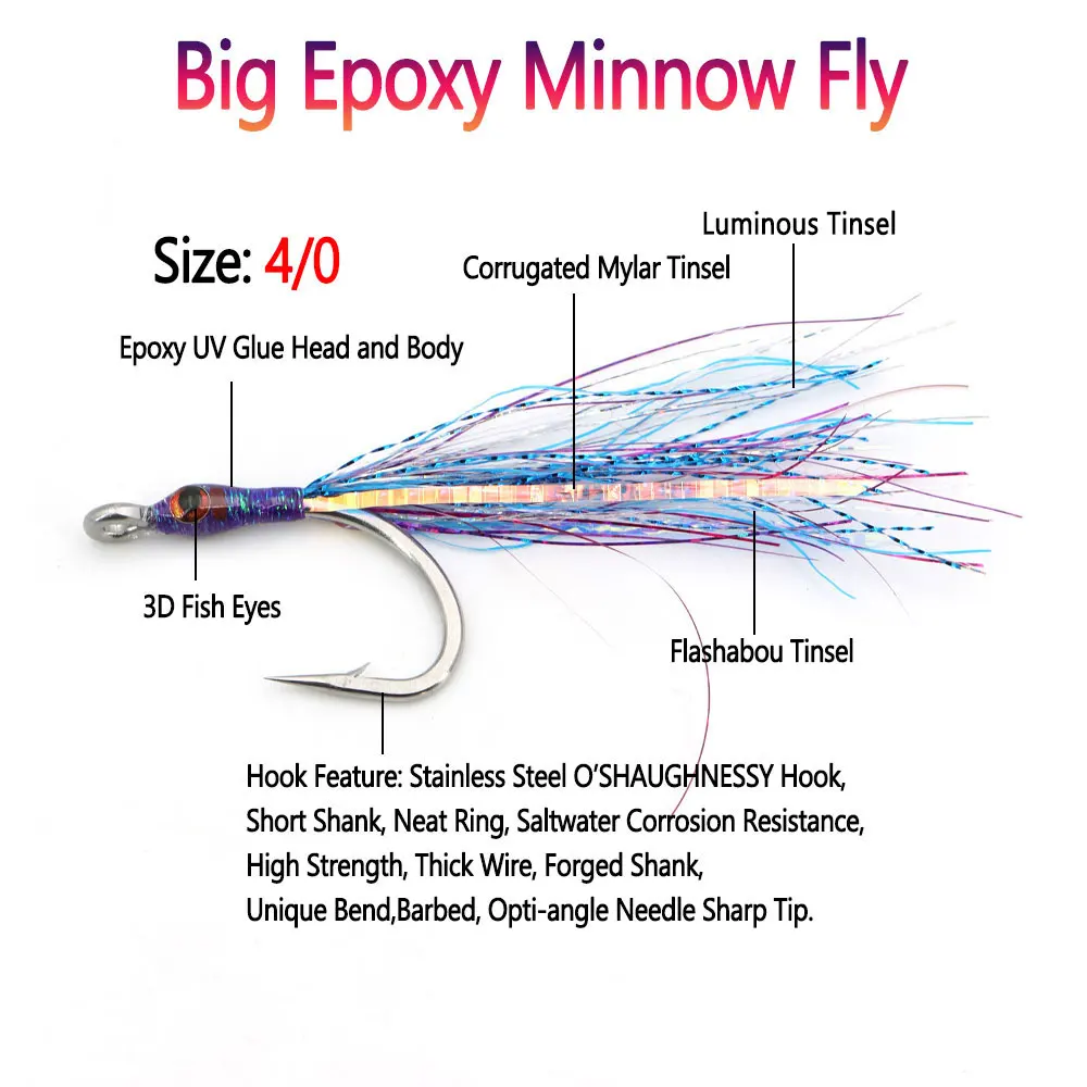 4 Uds 4/0 3,35 pulgadas luminoso grande epoxi Minnow Streamer mosca 3D ojos de pez cebo Streamer Lucio trucha almizclado lubina Señuelos de pesca de mar - imagen 2