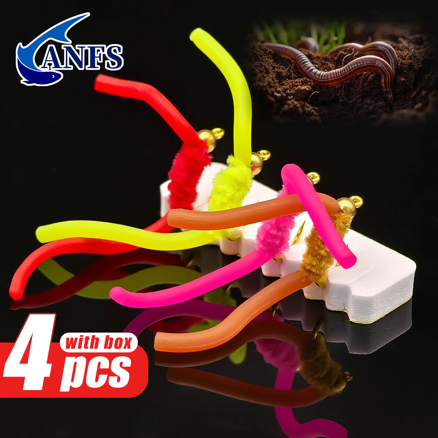 ANFS 4 Uds San Juan gusano moscas de pesca con mosca para trucha-cabeza de cobre gusanos moscas de ninfa húmeda - imagen 2