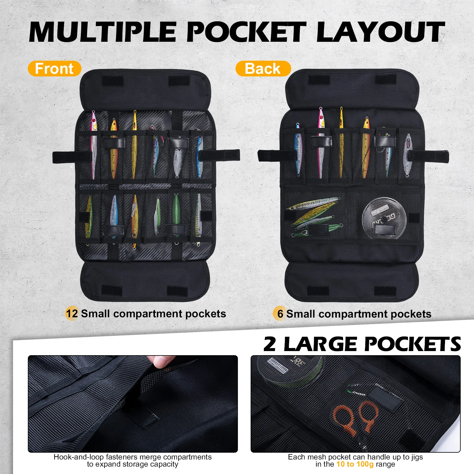 Goture-bolsa para señuelos de pesca, bolsillos de malla, resistente al agua, PU 600D, bolsa para señuelos de pesca, agua salada, agua dulce, compartimento desmontable - imagen 4
