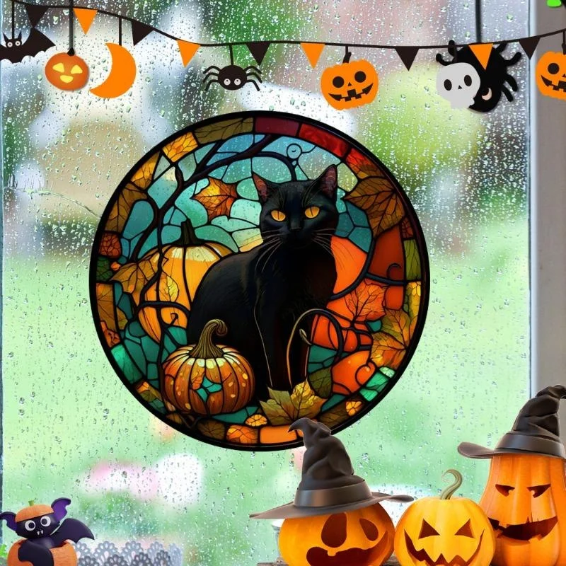 Nueva decoración de fiesta en casa de Halloween, castillo de terror teñido, gato, pegatinas estáticas de PVC para ventana de vidrio, pegamento decorativo sin pegamento - imagen 5