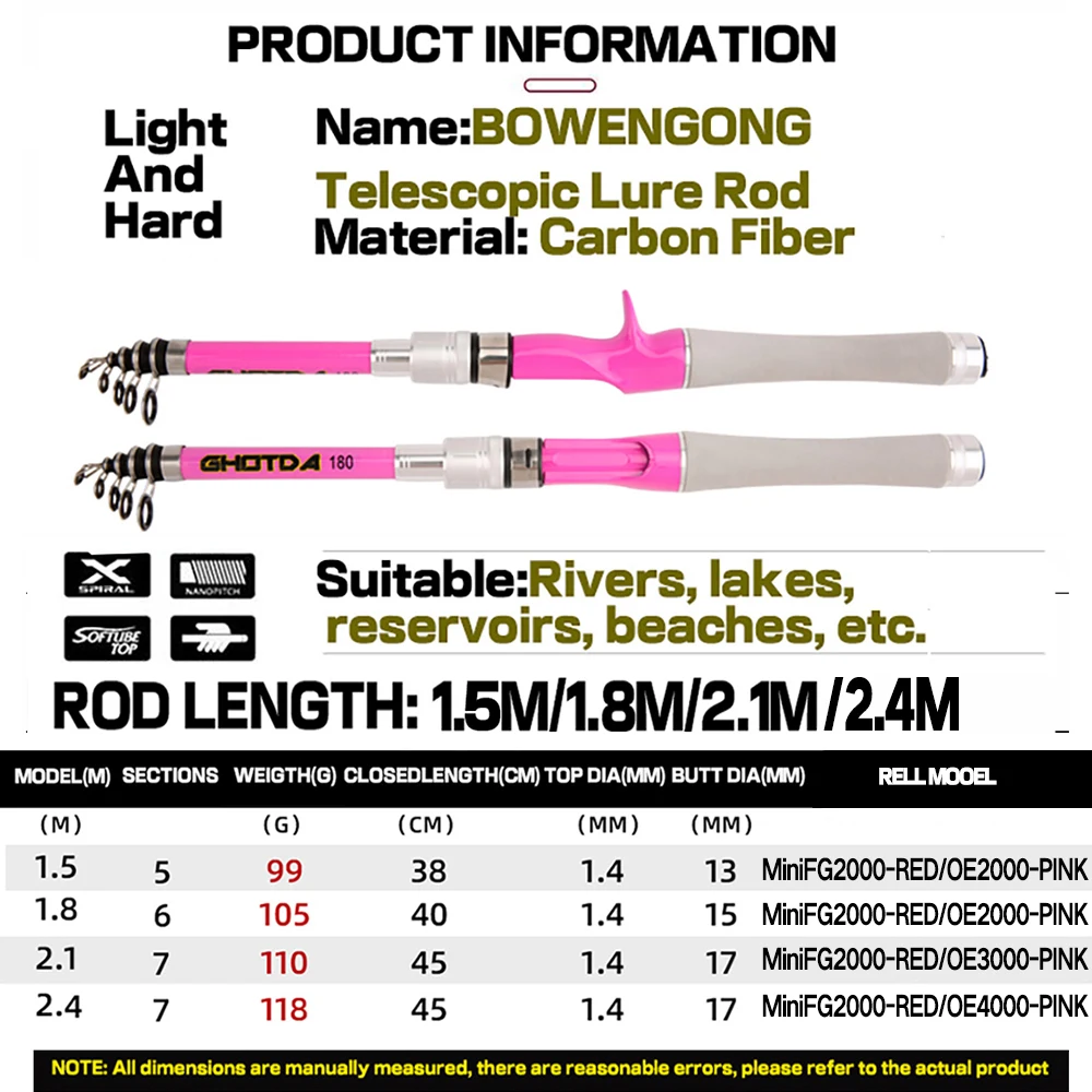 Combo caña telescópica rosa y carrete metálico para lubina - imagen 5