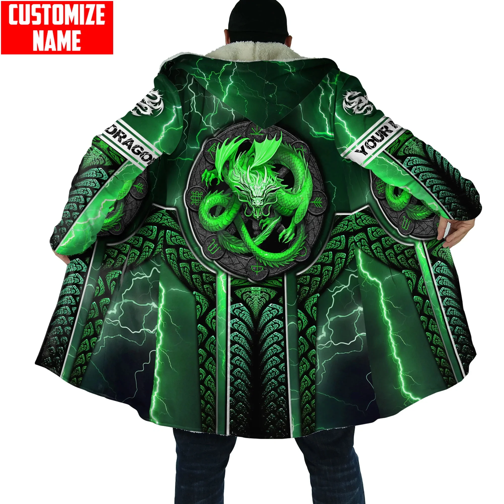 Capa de invierno a la moda para hombre, capa con capucha de lana gruesa con estampado 3D de tatuaje de dragón con nombre personalizado, capa cálida informal Unisex DP33 - imagen 4