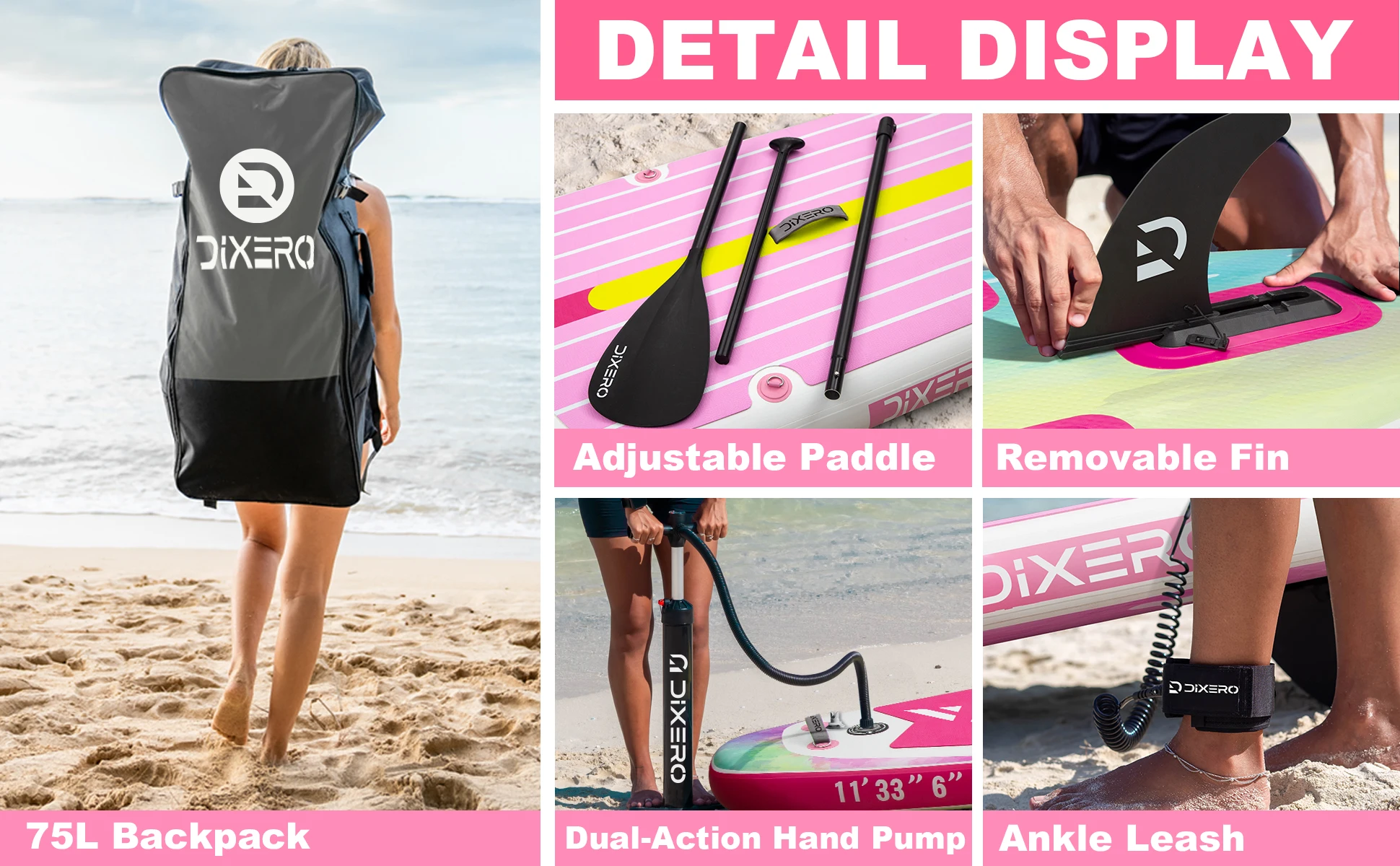 Experimente la emoción del paddleboard con nuestra aleta extraíble de paleta ajustable Dixerd, bomba manual de doble acción y cordura de tobillo cómoda