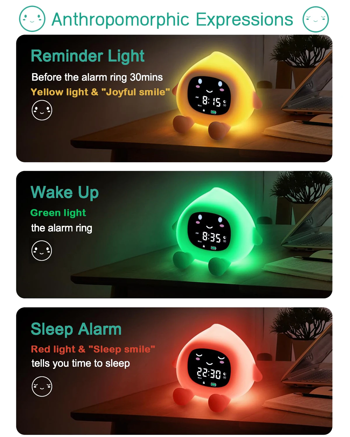 ORIA Reloj despertador infantil recargable con luz nocturna 9 colores - imagen 2