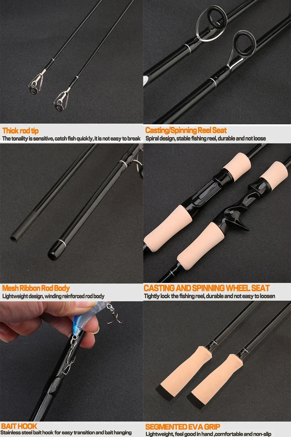 Caña de pescar con señuelo de 2 secciones, 1,65/1,8 m, fibra de carbono, giratoria, fundición rápida, ligera, peso de 8-25g, aparejos de pesca - imagen 5