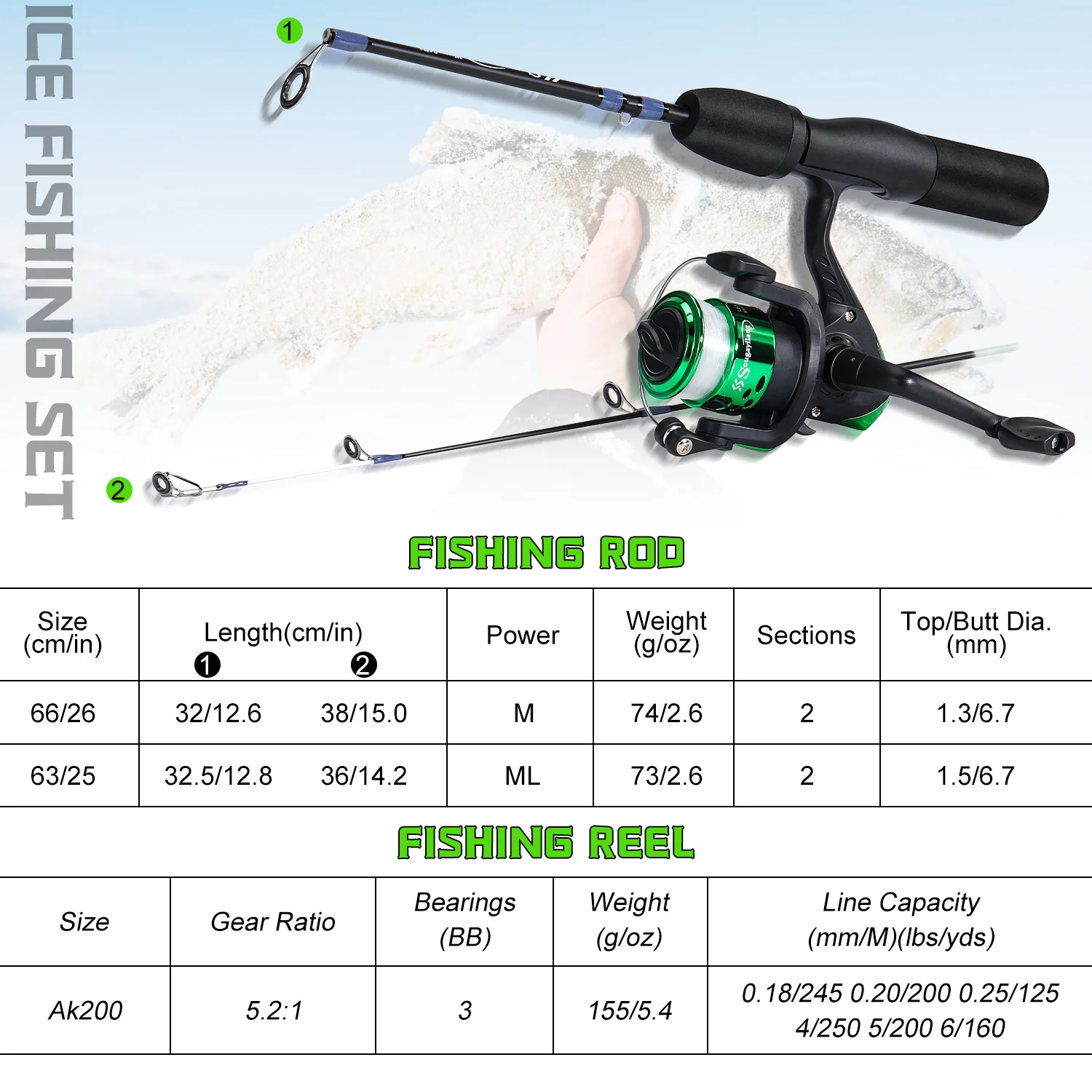 Sougayilang-carrete de caña de hielo Combo 63/66cm, caña de hielo de fibra de carbono alta y carrete giratorio de alta velocidad 5,2: 1, arrastre máximo 5Kg, pesca en hielo - imagen 2