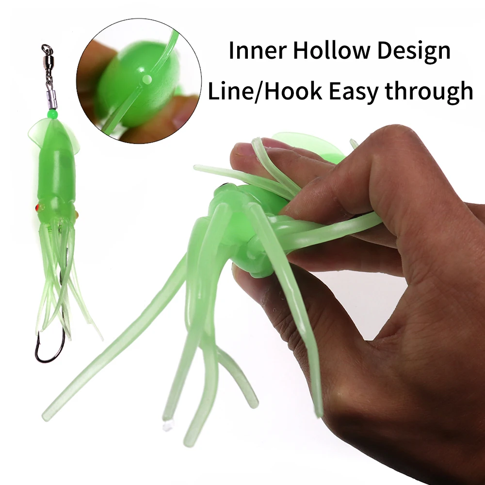 Lionriver-señuelo de calamar suave para pesca en agua salada, cebo artificial luminoso para pesca Al curricán, faldas de pulpo verde, 9g/18g/29g - imagen 3