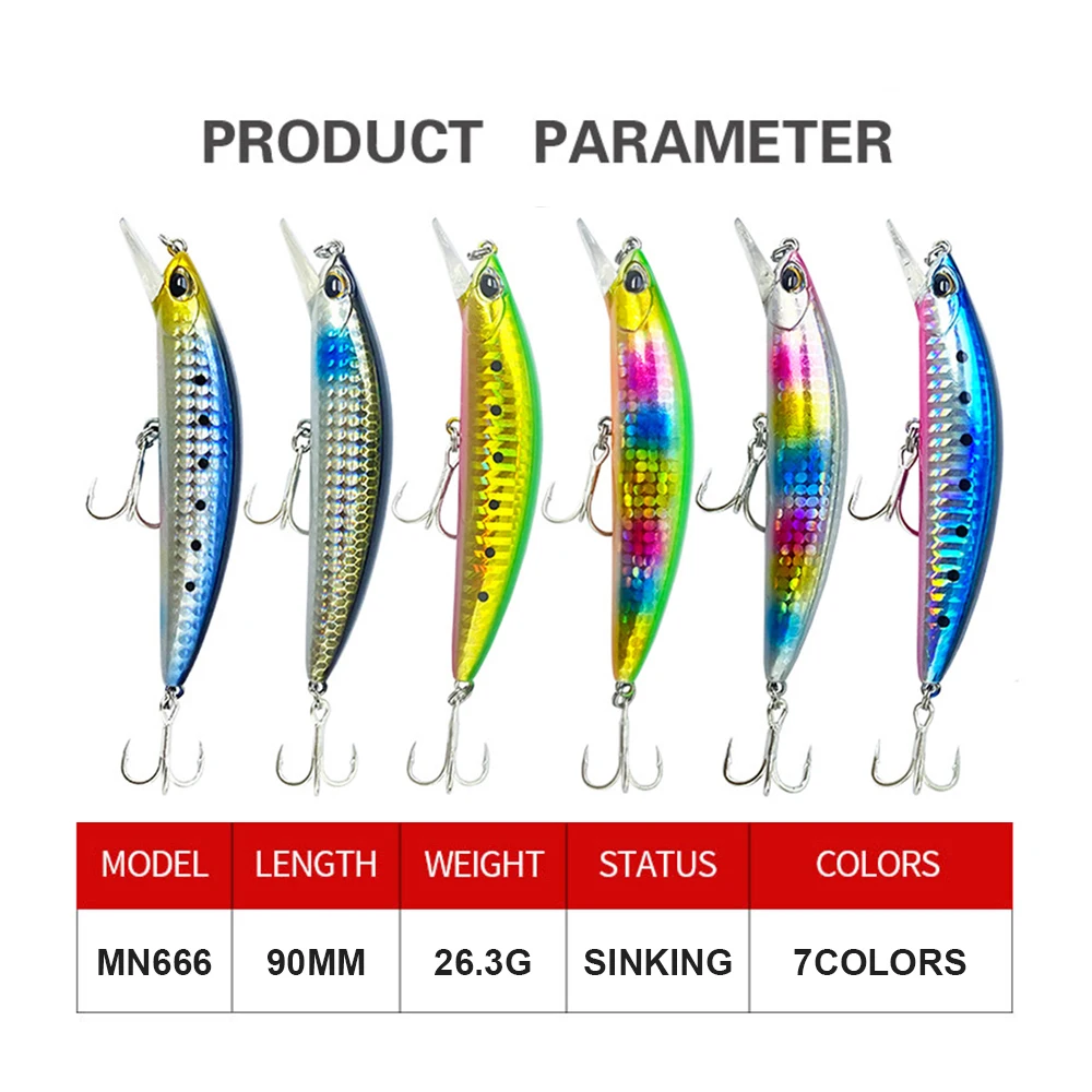 Señuelos de pesca de 9cm y 26,3g, pececillo que se hunde, Wobbler, cebo duro Artificial de fundición larga, Jerkbait, pesca en agua de mar pesada, cebo para lubina MN666 - imagen 3