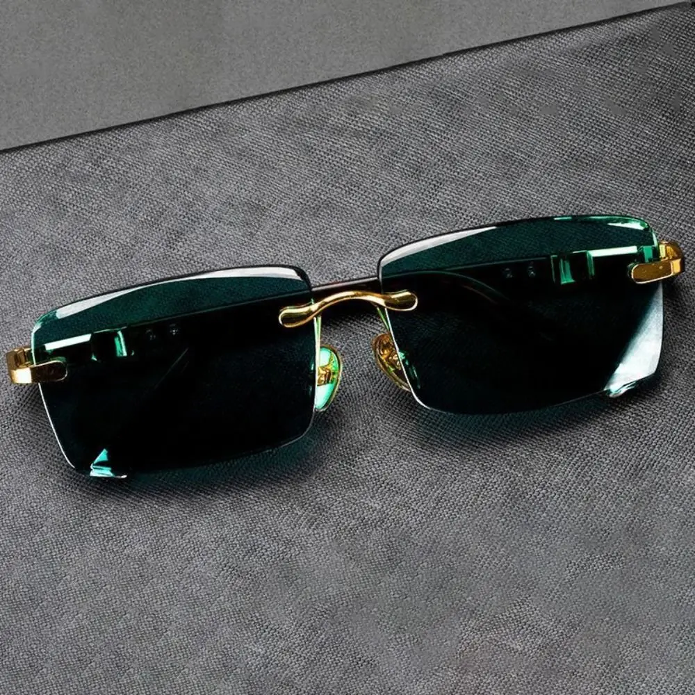 Gafas de sol sin marco para hombre, gafas de sol con estampado de leopardo y piedra de cristal verde para exteriores, protección UV, gafas negras para ciclismo - imagen 3