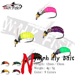 WALK FISH 5 piezas 12mm 13mm Caddisfly Ninfa cebo con mosca rotación compuesta hoja de sauce lentejuelas Metal cebo falso pesca de trucha río salvaje