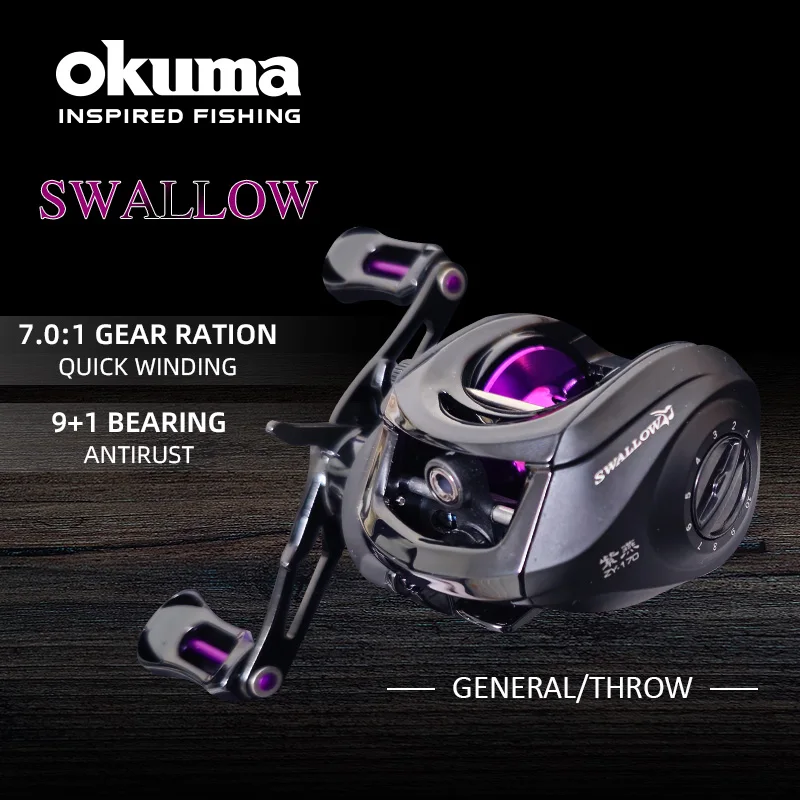Carrete de pesca OKUMA, carrete de pesca SWALLOW de perfil bajo, carrete de fundición 9 + 1BB, 7,6 KG de potencia, 205g, marco de grafito resistente a la corrosión - imagen 4