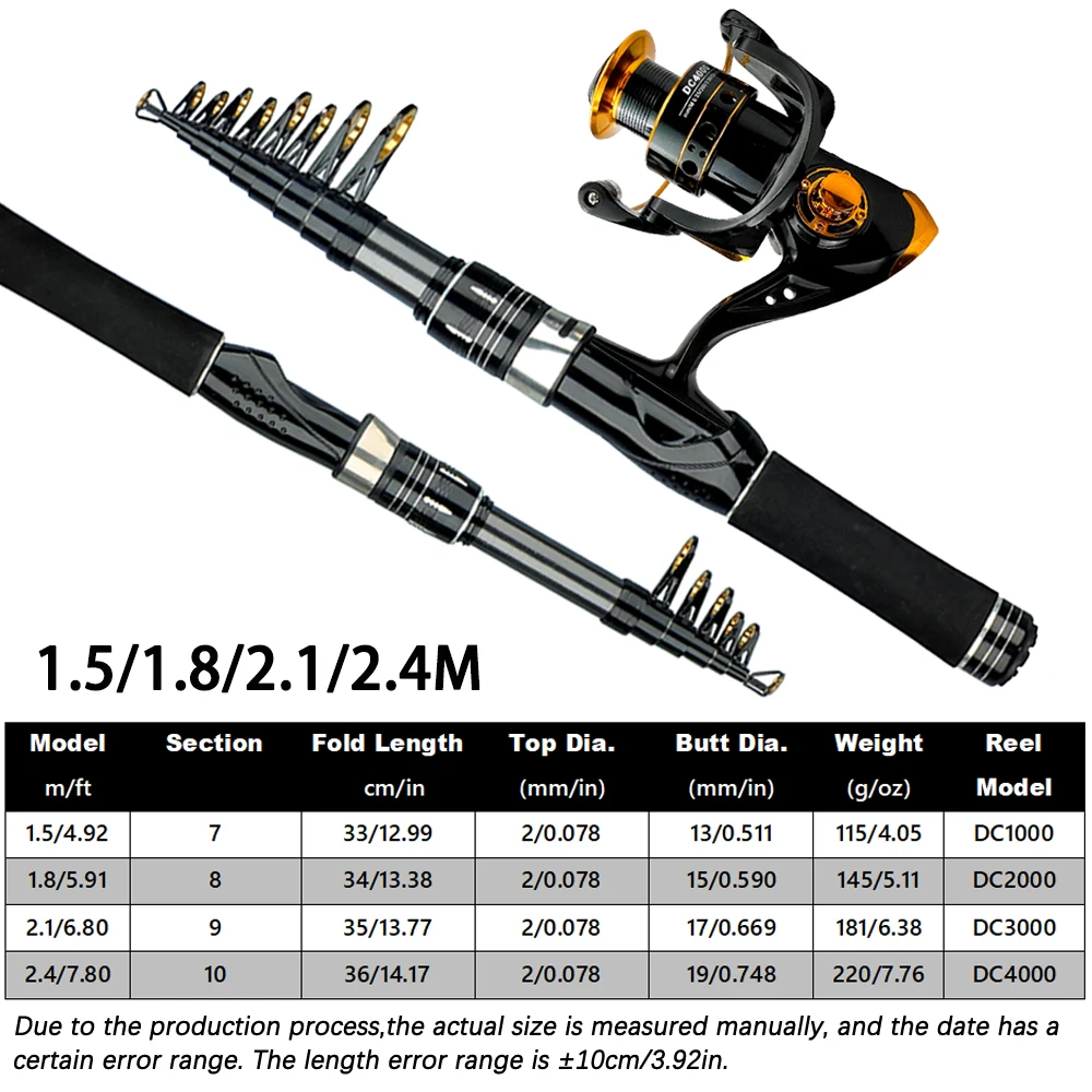 Carrete de caña de pescar giratorio de 1,5-2,4 m, Combo de viaje, caña de mar de carbono, relación de engranaje 5,2: 1, 1000/2000/3000/4000, carrete de Metal, rueda para lubina y carpa - imagen 3