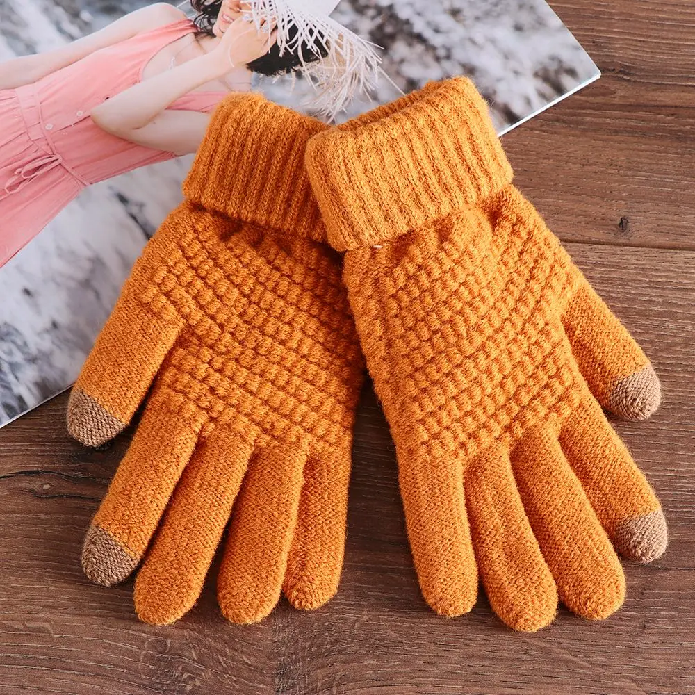 Guantes de lana de punto para mujer, manoplas gruesas de dedo completo, pantalla táctil, moda de invierno - imagen 2