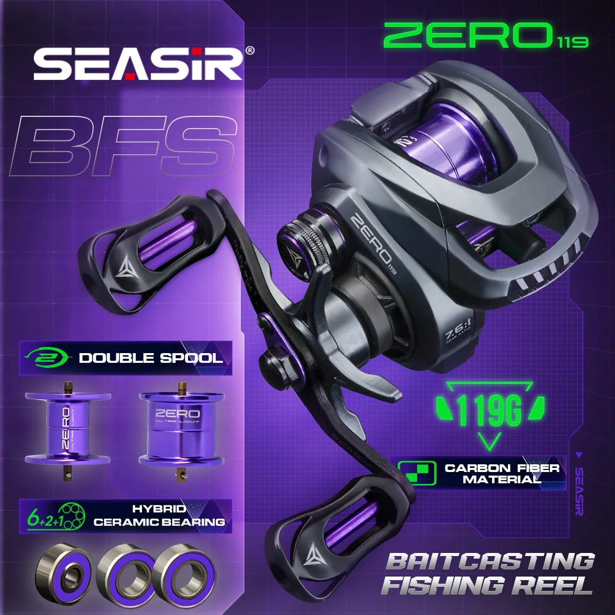 Seasir ZERO119 Carrete Baitcasting BFS 119g Fibra de Carbono Ultraligero