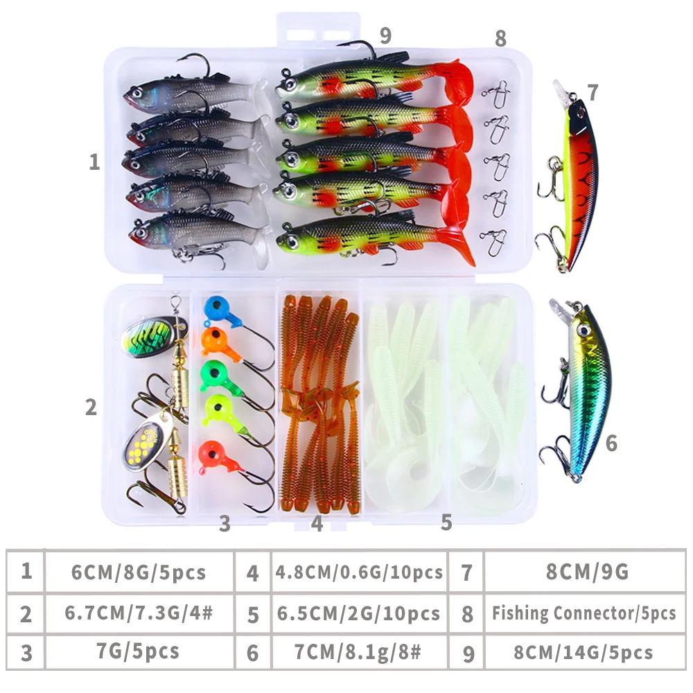 Kit de Señuelos de Pesca de 44 Uds., cebos duros de pececillo mixtos, cebos de gusano de silicona suave, cucharas giratorias con anzuelos con cabeza de anzuelo, juego de aparejos de pesca